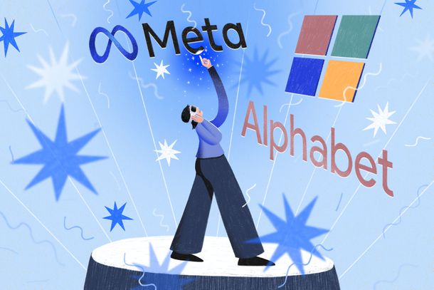 Illustration of person with VR goggles looking at Meta, Microsoft and Alphabet logos