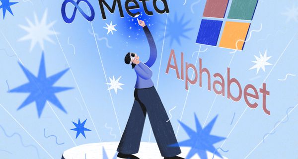 Illustration of person with VR goggles looking at Meta, Microsoft and Alphabet logos